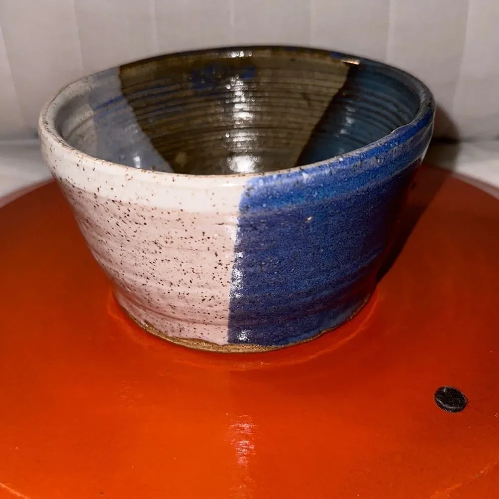Handmade Clay Pot Pottery Blue Oatmeal Tan Teal